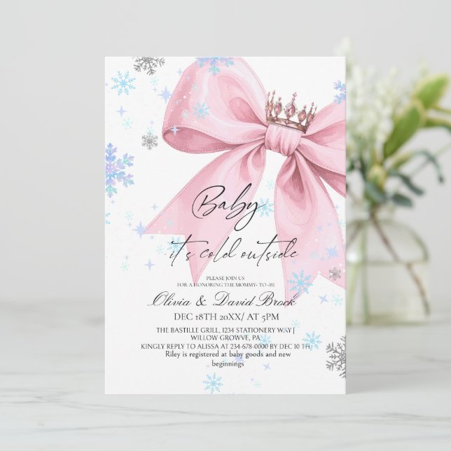 Winter Pastel Pink Bow Baby Shower Invitation (Standing Front)