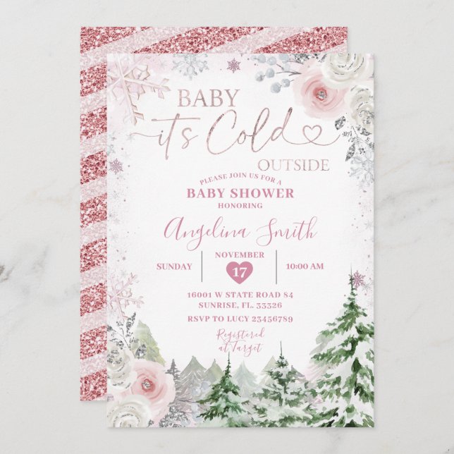 Winter Pastel Pink Snowflake Floral Baby Shower Invitation (Front/Back)