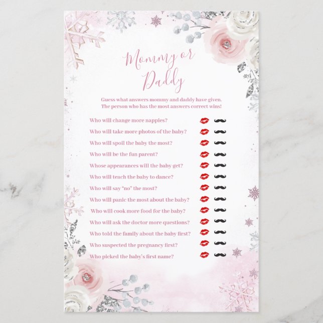Winter Pastel Pink Snowflake Mummy or Daddy Game (Front)