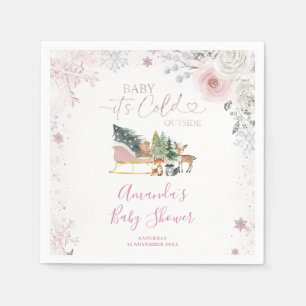 Winter Pastel Pink Snowflake Sleigh Baby Shower Napkin