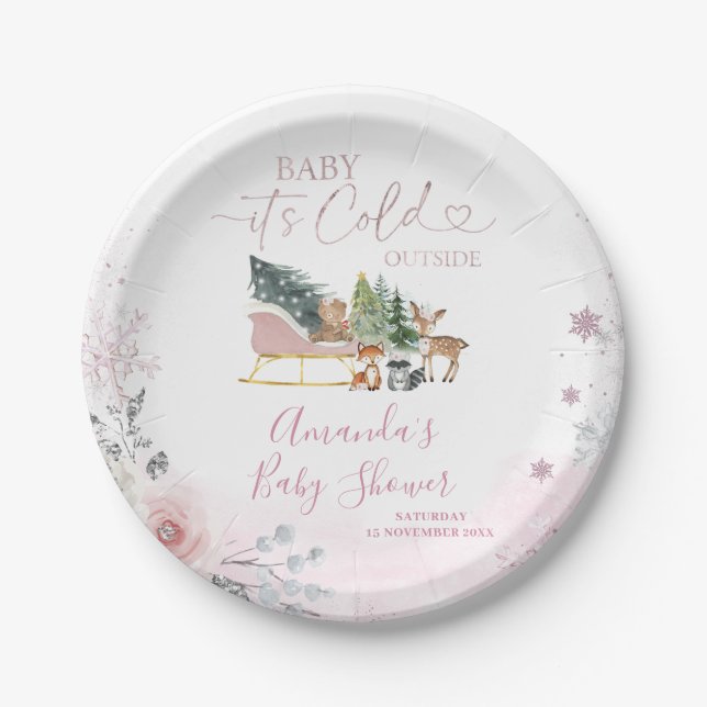 Winter Pastel Pink Snowflake Sleigh Baby Shower Paper Plate (Front)