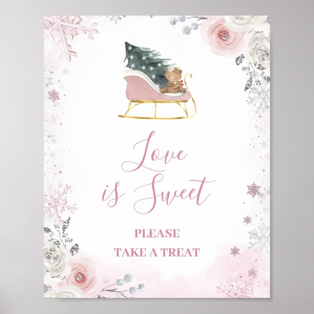 Winter Pastel Pink Snowflake Sleigh Love is Sweet Poster (Front)