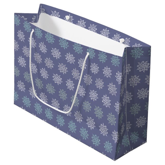 Winter Pattern Blue and White Snowflakes Large Gift Bag (Front Angled)