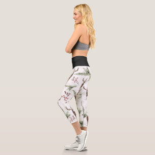 Winter Pattern Deer And Fir Needles Capri Leggings