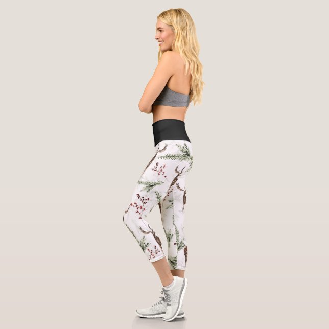 Winter Pattern Deer And Fir Needles Capri Leggings (Left)