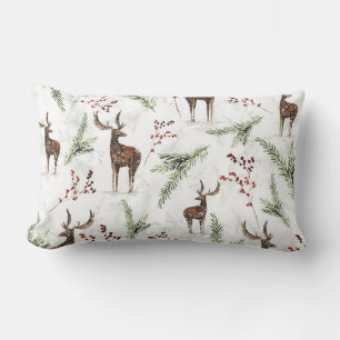 Winter Pattern Deer And Fir Needles Lumbar Cushion