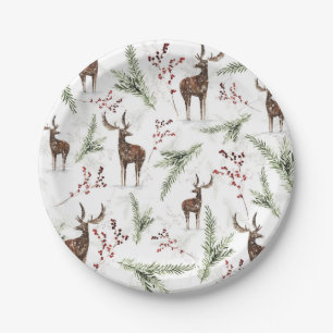 Winter Pattern Deer And Fir Needles Paper Plate