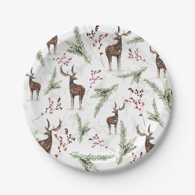Winter Pattern Deer And Fir Needles Paper Plate (Front)