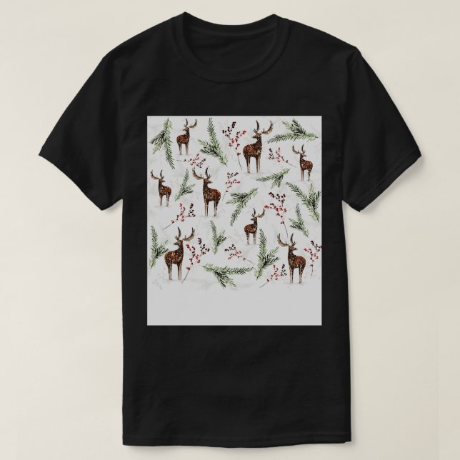 Winter Pattern Deer And Fir Needles T-Shirt (Design Front)