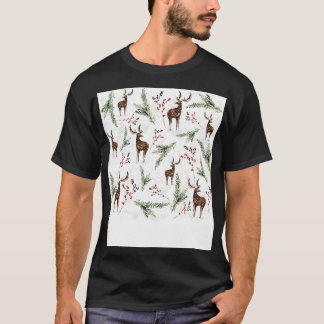 Winter Pattern Deer And Fir Needles T-Shirt