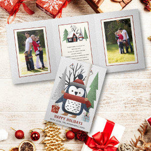 Winter penguin and trees Christmas multi photo Tri-Fold Holiday Card