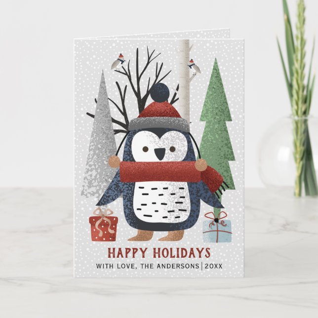 Winter penguin and trees Christmas photo folded Holiday Card (Front)