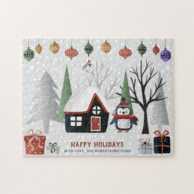 Winter penguin and trees Happy holidays Christmas Jigsaw Puzzle (Horizontal)