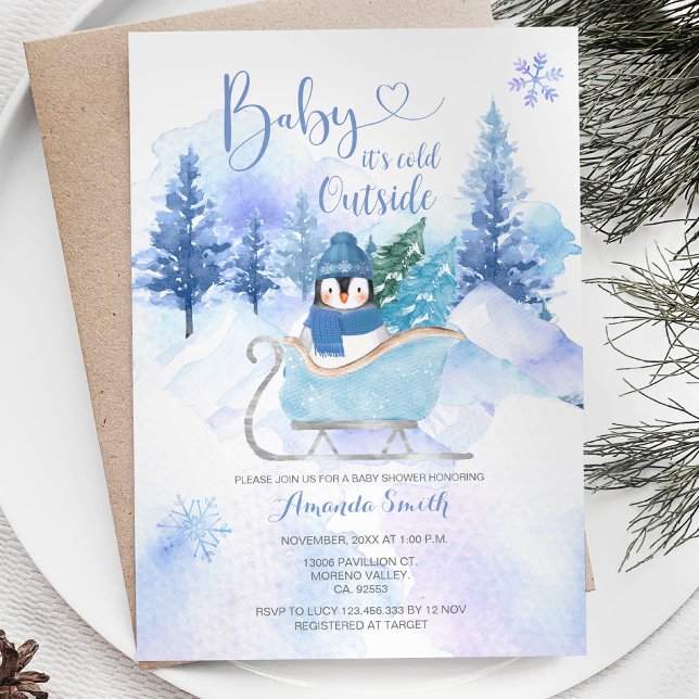 Winter Penguin ARCTIC ANIMAL Snowflake Baby Shower Invitation (Creator Uploaded)