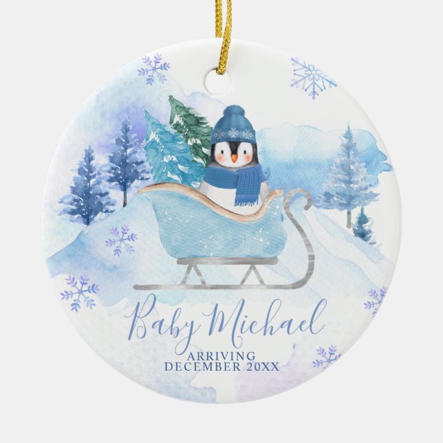 Winter Penguin Baby Boy Pregnancy Announcement Ceramic Ornament (Front)