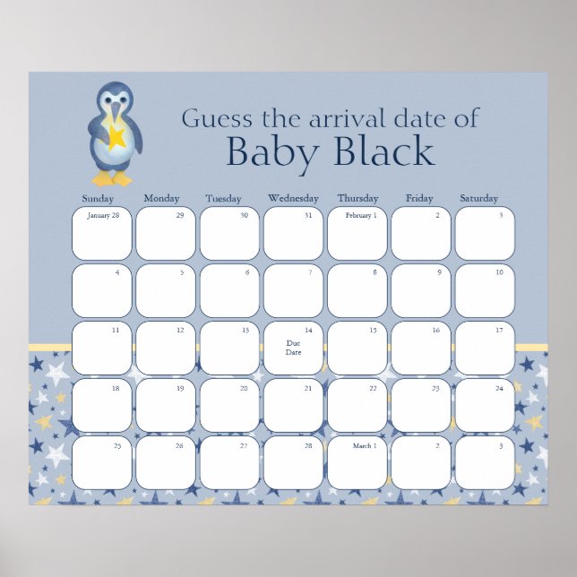 Winter Penguin Baby Shower Guess The Due Date Poster (Front)