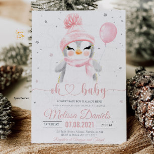 Winter Penguin baby shower invitation girl