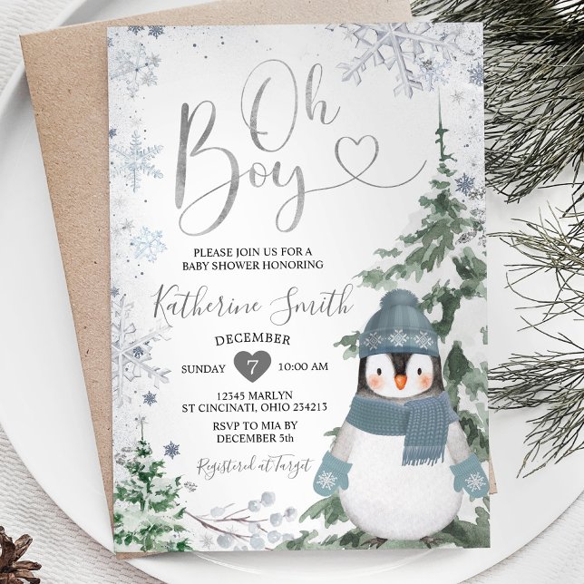 Winter Penguin Baby Shower Silver Snowflakes Invitation (Creator Uploaded)