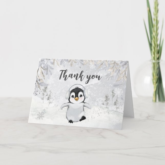 Winter Penguin Baby Shower Thank You Card (Front)