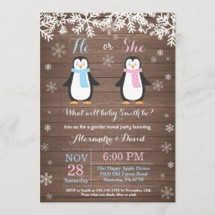 Winter Penguin Bear Gender Reveal Invitation