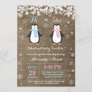 Winter Penguin Bear Gender Reveal Invitation