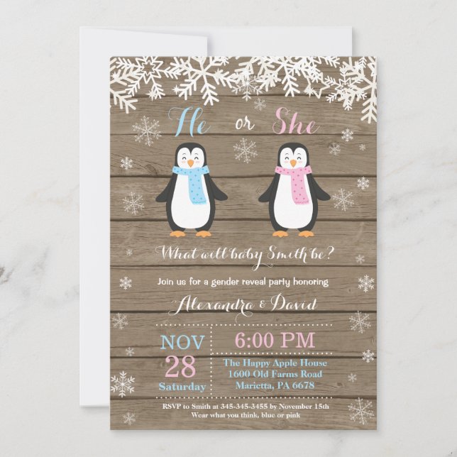 Winter Penguin Bear Gender Reveal Invitation (Front)
