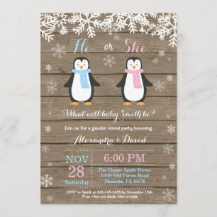 Winter Penguin Bear Gender Reveal Invitation