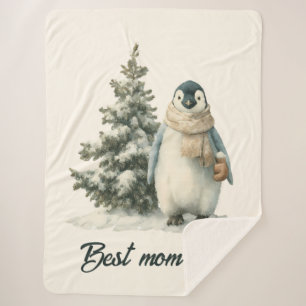 Winter Penguin “Best Mom Ever” Design Sherpa Blanket