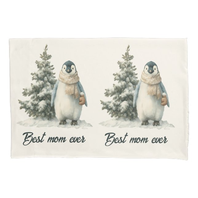 Winter Penguin “Best Mum Ever” Design Pillowcase (Front)