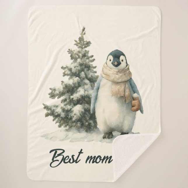 Winter Penguin “Best Mum Ever” Design Sherpa Blanket (Front)