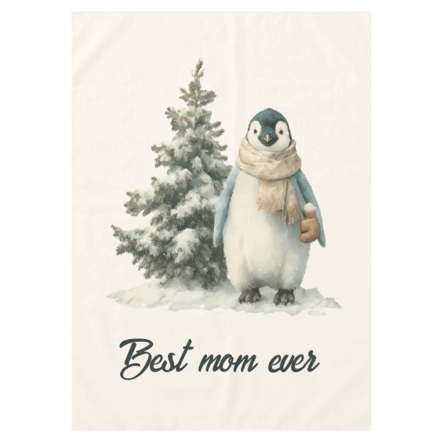 Winter Penguin “Best Mum Ever” Design Tablecloth (Front)