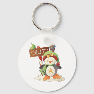 Winter Penguin & Bird Chillin Christmas Holiday  Key Ring