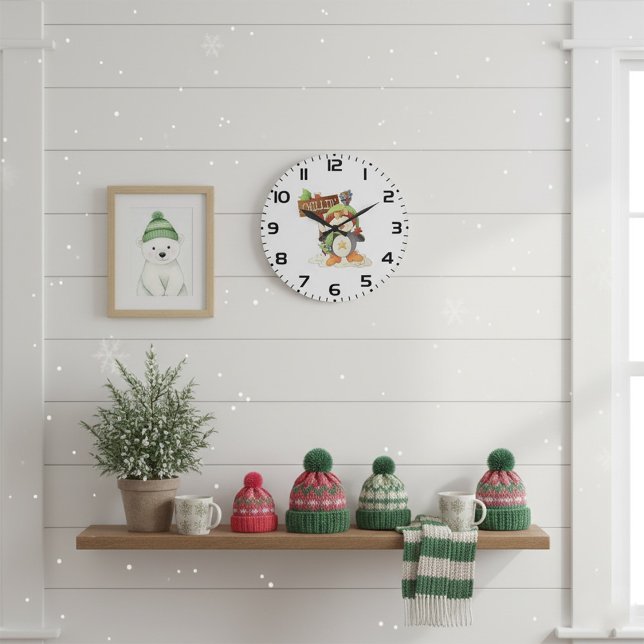 Winter Penguin & Bird Chillin Christmas Holiday  Large Clock (Creator Uploaded)