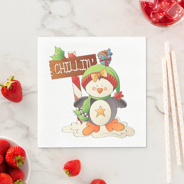 Winter Penguin & Bird Chillin Christmas Holiday  Napkin (Creator Uploaded)