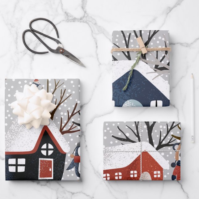Winter penguin deer and panda snowflakes Christmas Wrapping Paper Sheet (Front)