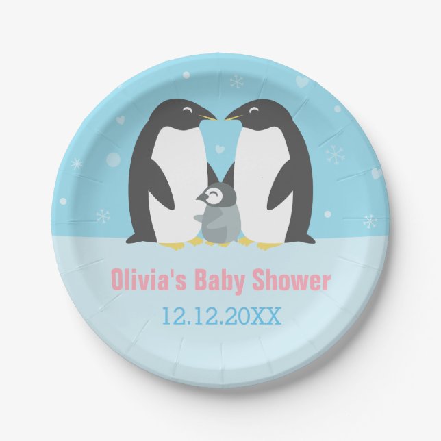 Winter Penguin Family Baby Shower Supplies Paper Plate (Front)