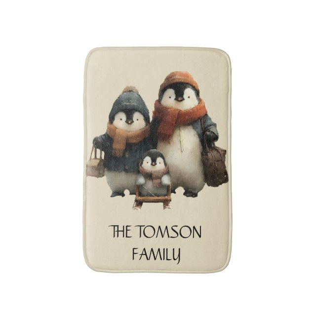 Winter Penguin Family Personalized Design Bath Mat (Front Vertical)