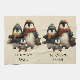 Winter Penguin Family Personalized Design Tea Towel