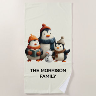 Winter Penguin Family with Snowman Beach Towel