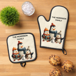 Winter Penguin Family with Snowman Oven Mitt & Pot Holder Set