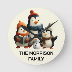Winter Penguin Family with Snowman Round Clock