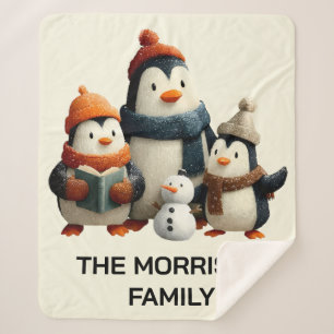 Winter Penguin Family with Snowman Sherpa Blanket