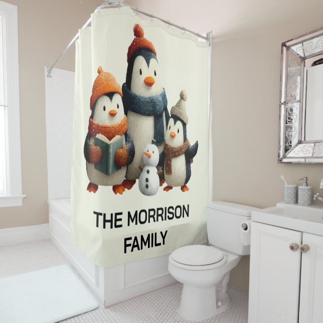 Winter Penguin Family with Snowman Shower Curtain (In Situ)