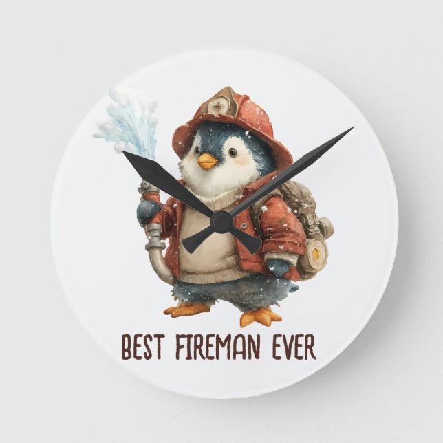 Winter Penguin Firefighter Ping Pong Paddle Round Clock (Front)