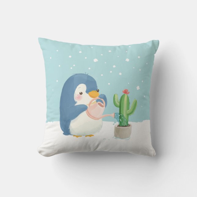 Winter Penguin Gardener Planting Cactus Cushion (Front)