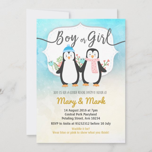 Winter Penguin Gender Reveal party Invitation (Front)