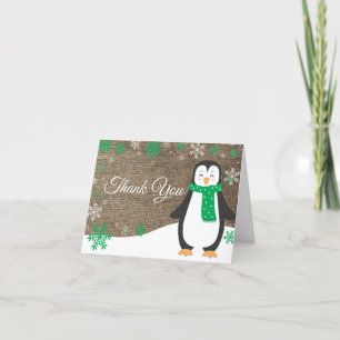 Winter Penguin Green Snowflake Burlap Thank You Card