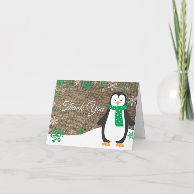 Winter Penguin Green Snowflake Burlap Thank You Card (Front)