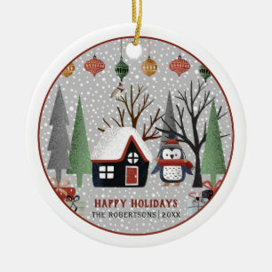Winter penguin, Happy Holidays and snowflake Ceramic Ornament