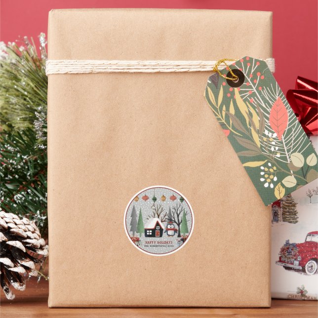 Winter penguin, Happy Holidays and snowflake Classic Round Sticker (Holiday)